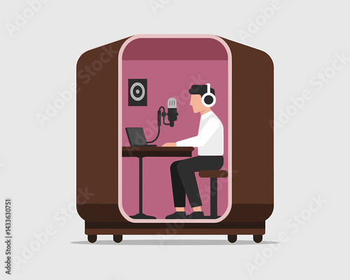 Podcast Recording Studio: Man in Soundproof Booth with Microphone and Laptop