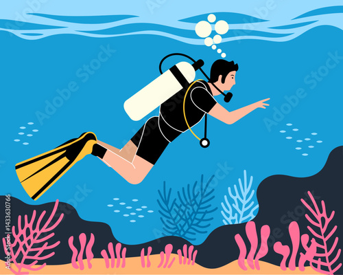 Scuba Diver Exploring Underwater Coral Reef Ecosystem in Tropical Sea
