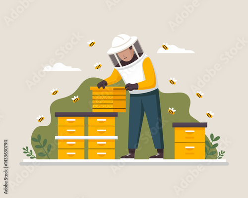 Beekeeper Inspecting Beehive Frames Surrounded by Bees in an Apiary Illustration