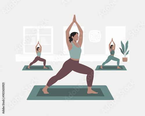 Yoga class illustration with women practicing warrior pose in studio or home