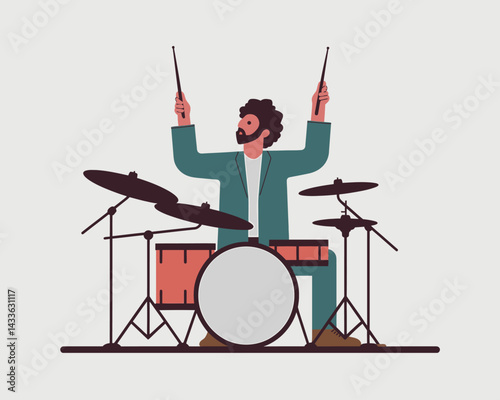 Enthusiastic Drummer: Flat Vector Illustration of a Musician Playing Drums with Energy