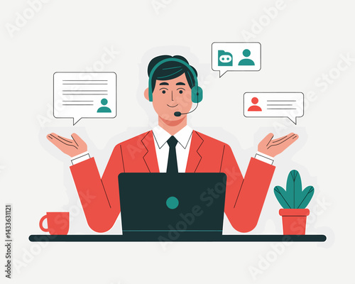 Customer service agent with headset working on a laptop, providing online support with chat bubbles.