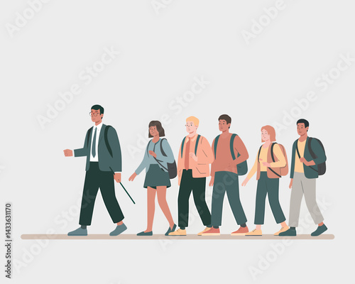 Diverse students walking together with a professor, symbolizing education, campus life, and mentorship