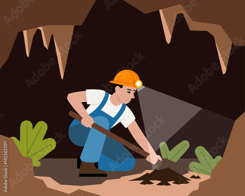 Cartoon Miner Digging in Cave with Headlamp: Mining Exploration Illustration