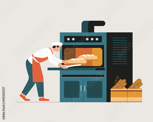 Artisanal Baker Puts Fresh Bread into Oven | Bakery Illustration | Fresh Food Concept