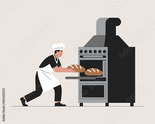 Baker Baking Fresh Bread in Oven. Professional Chef Preparing Food at Bakery. Artisan Bread Making, Baking Process.