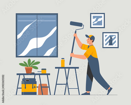 Interior Painting Project: Man painting walls with roller in a modern home. Do it yourself renovation