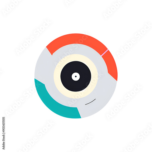 This geometric graphic features concentric circles in a dynamic arrangement of bold colors (orange, teal, gray).