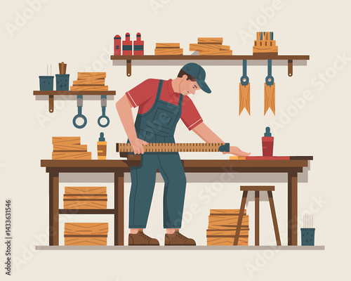 Woodworker Using Ruler for Precision Measurement in Workshop, Carpentry Craftsmanship