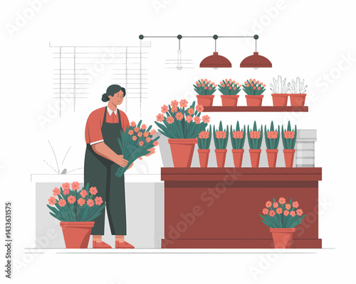 Woman florist holding bouquet in flower shop, displaying potted plants and arranging floral displays for sale