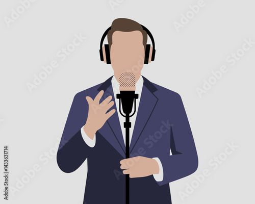 Elegant man podcasting. Illustration of a speaker wearing headphones and speaking into a retro microphone.