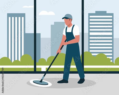 Professional cleaner using mop for floor care in an office building with a modern city background.
