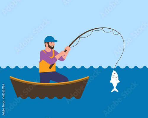 Cartoon Man Fishing from a Wooden Boat - Catching Fish with Fishing Rod in Blue Water