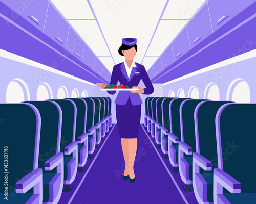 Elegant airline stewardess in a modern airplane interior serving meals in a purple themed passenger cabin.