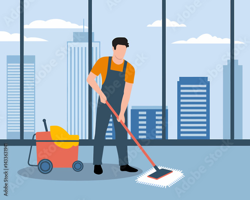 Office Cleaning Service: Man Mopping Floor in Modern Skyscraper Building