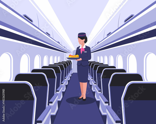 Stewardess Serving Food in Airplane Aisle: Vector Illustration of Airline Service