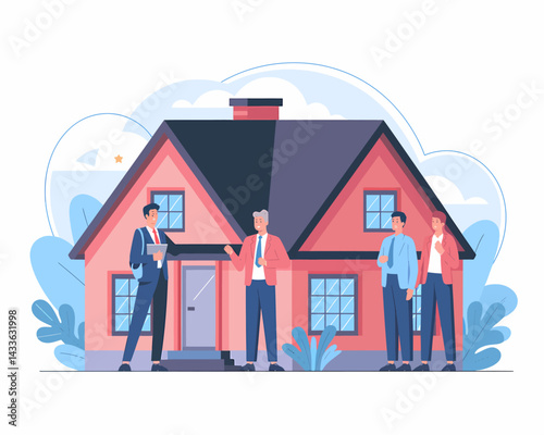 Real Estate Illustration: Realtor Showing Home to Prospective Buyers, Vector Style