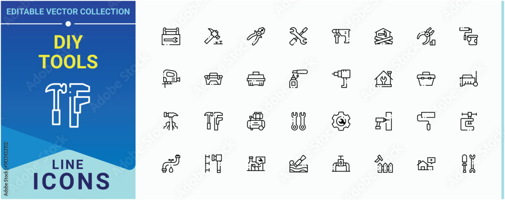 Fototapeta premium DIY Tools icon pack. Featuring work, tools, home, housework, tool and more. Home Repair Tools line icon set. Simple line vector icons. Art and illustration.