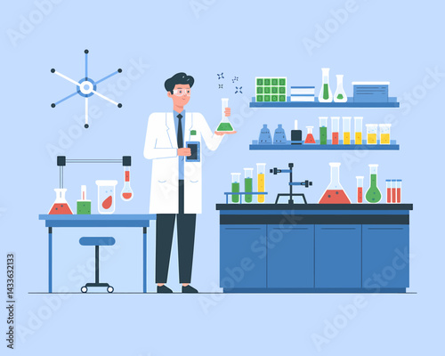 Scientist Holding Beaker in Laboratory, Conducting Research in Chemistry with Scientific Equipment. Modern Flat Vector Illustration.