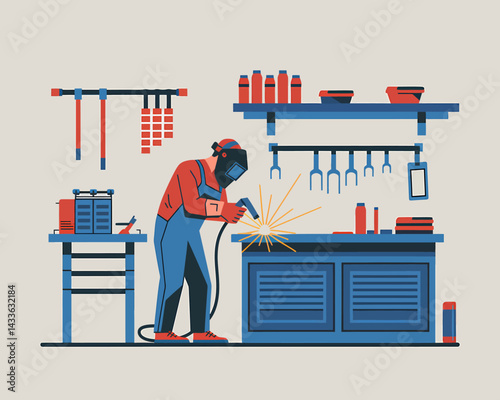 Craftsman Welding Metal in Workshop: Precision Fabrication and Repair with Safety Gear
