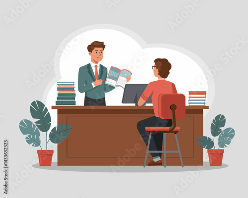 Consultation at the reception desk: Businessman offering information from book to a client working on computer.