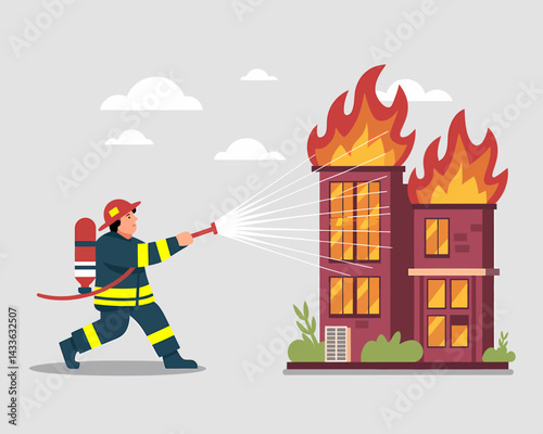 Firefighter battling flames in building with hose, putting out building fire. Vector illustration.