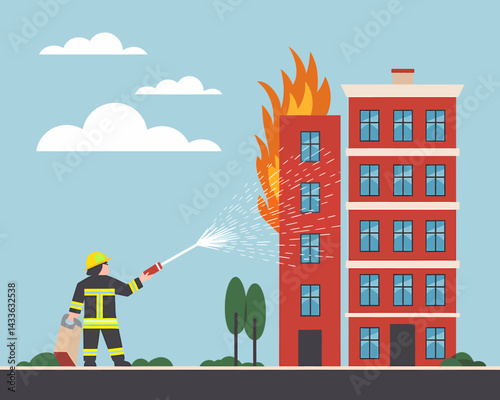 Firefighter putting out fire at building. Emergency response at burning building cartoon illustration.