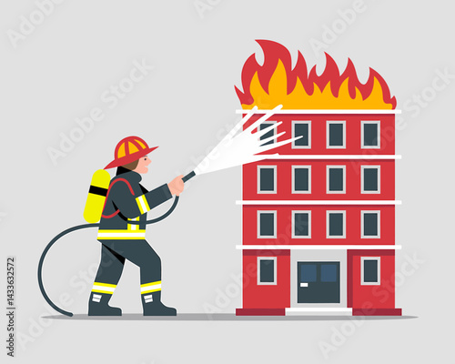 Firefighter Extinguishing a Building Fire: Emergency Response Illustration