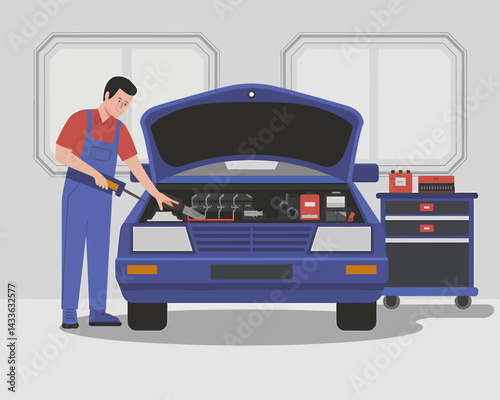Car Repair in Garage: Mechanic Inspecting Vehicle Engine with Toolkit - Vector Illustration