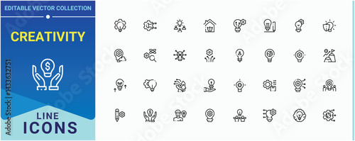 Creativity icon set. Contains such symbols as invention, ai, brain, startup, tech, idea and more. Innovation icon set. Outline icons in linear style. Editable stroke. Vector collection.