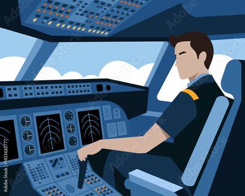 Airplane Pilot in Cockpit, Vector Illustration of Flight Deck with Control Panel