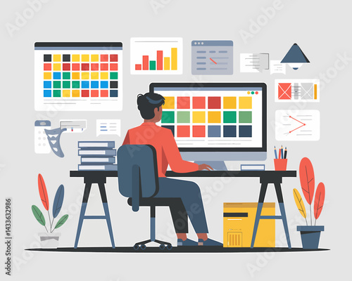 Designer working with color palettes on computer at desk. Creative studio interior concept with charts and plants.