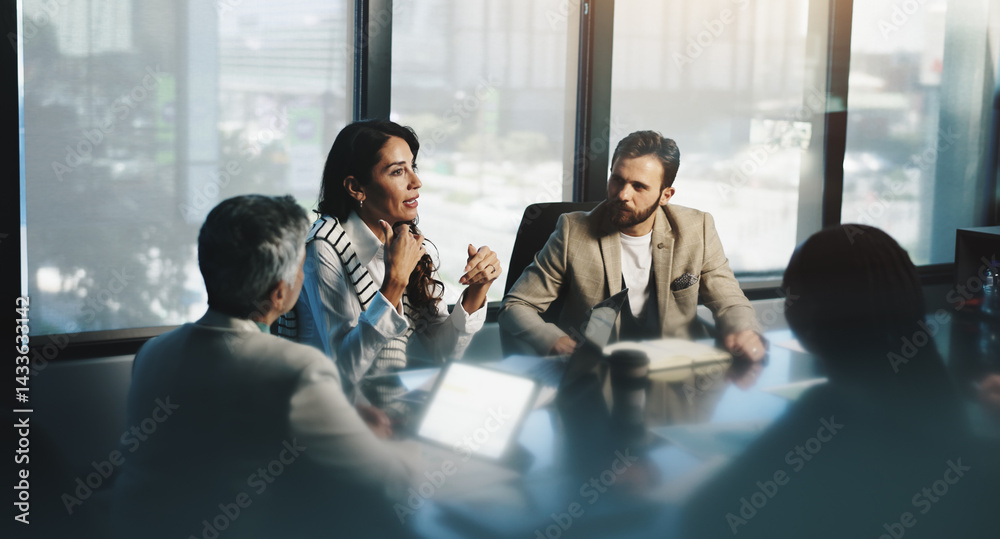 Meeting, woman and collaboration with colleagues, boardroom and discussion for stats, team and company. Corporate, employees and people with info for business, planning and communication for updates