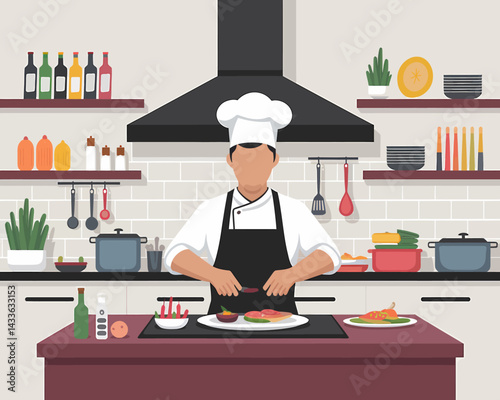 Professional chef preparing food in a modern kitchen, culinary expert, food preparation, gourmet meal, culinary arts