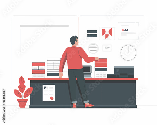 Office workflow illustration: Man organizing paperwork at desk with charts in background