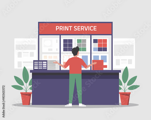Professional printing services: Man at print shop counter reviews design samples, showcasing options for various printing needs.