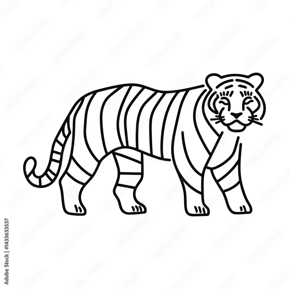 Outline tiger icon in boho style. Whole body. Black line vector animal design on white background Outline tiger icon in boho style. Whole body. Black line vector animal design on white background