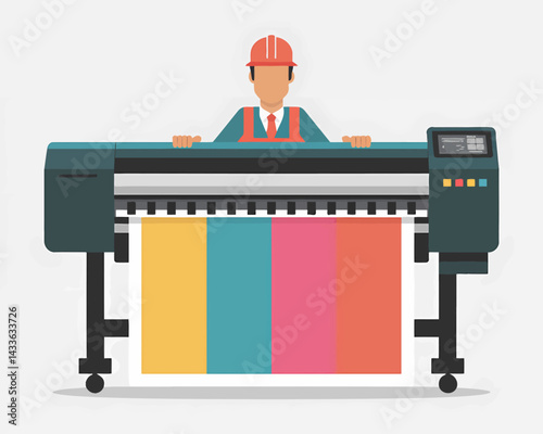 Large Format Inkjet Printer Vector Illustration with Technician, Graphic Design, and Printing Concept