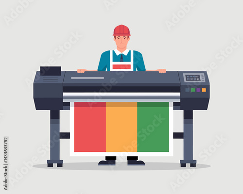 Large Format Printing: Cartoon Worker Operating Wide Format Inkjet Plotter