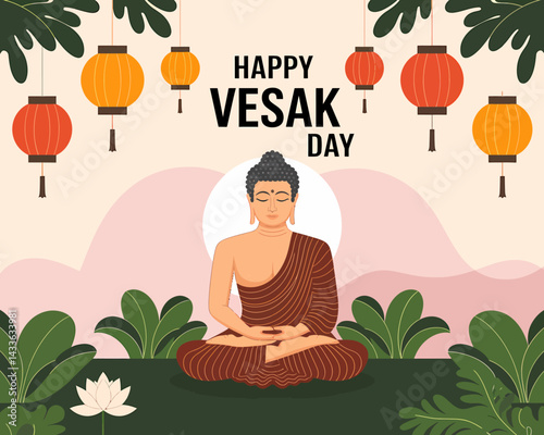 Happy Vesak Day Illustration with Buddha, Lanterns and Lotus Flower