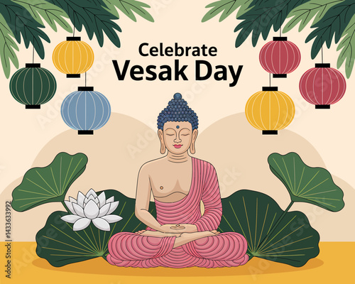 Vesak Day Celebration with Buddha Statue, Lotus Flowers, and Colorful Lanterns Illustration for Religious Event