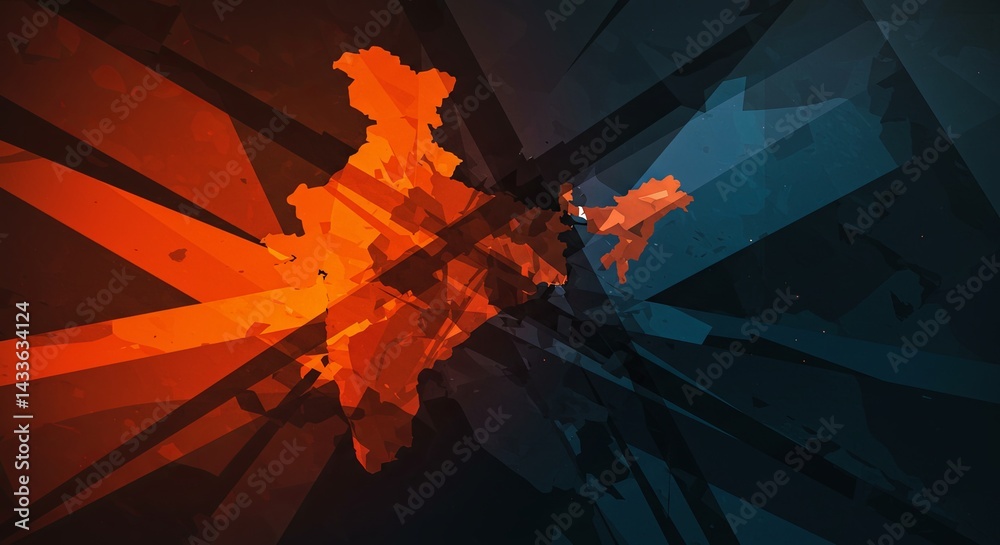 A colorful abstract painting of India with orange and blue splatters