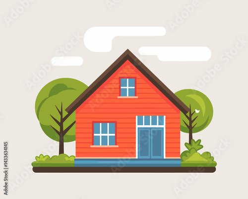 Stylized Minimalist House Illustration with Trees and Clouds for Real Estate or Architectural Projects