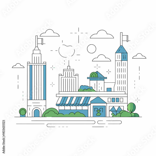 Minimalist city skyline illustration with tall buildings, clouds and greenery