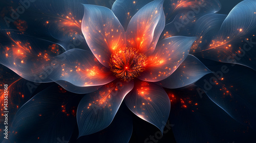 Fiery orange-blue flower, glowing petals, dark fantasy background, elegant floral artwork
