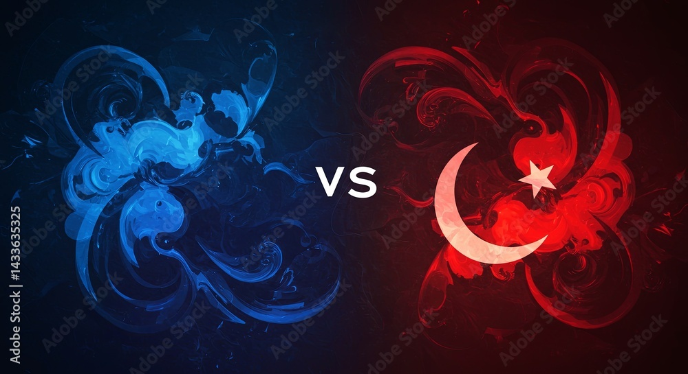 Two opposing symbols, a star and a crescent moon, are displayed in a blue India conflict Pakistan