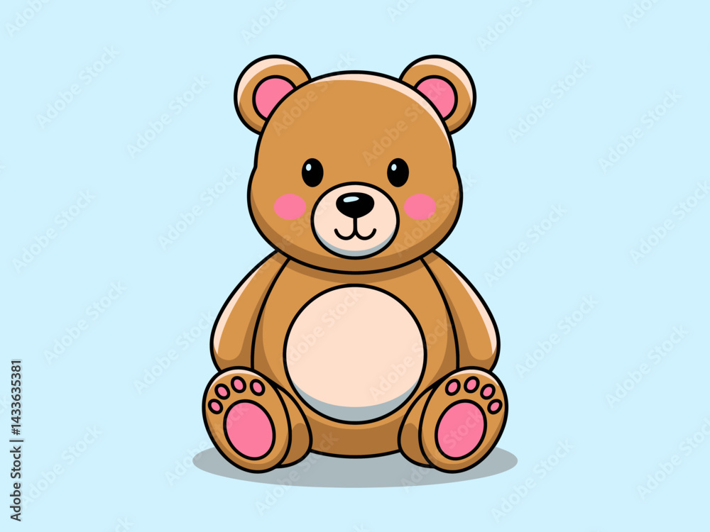 Fototapeta premium Adorable Cartoon Teddy Bear Illustration on Light Blue Background, Cute Stuffed Animal Design, Vector Art