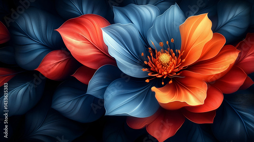 Blue-orange flower bloom, dark background, vivid botanical illustration, elegant floral art