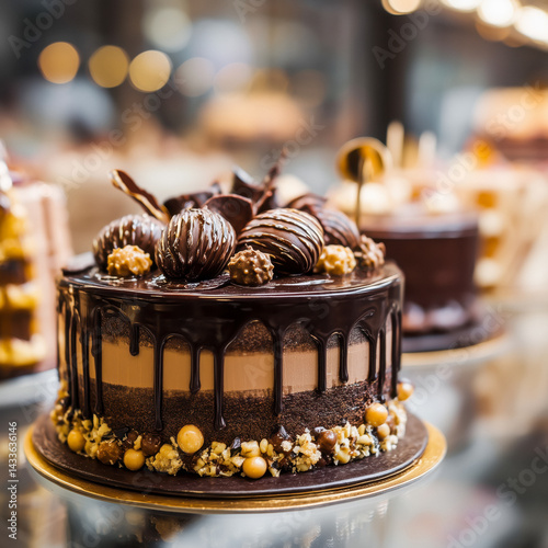 Elegant chocolate truffle cake on display stand