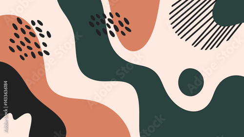 Abstract organic shapes background in earthy tones, hand-drawn spots, lines, waves for creative and modern design projects.